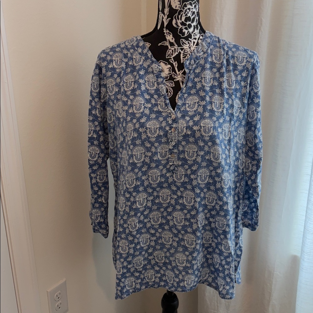 Chic Cotton Blue Patterned Women's Blouse